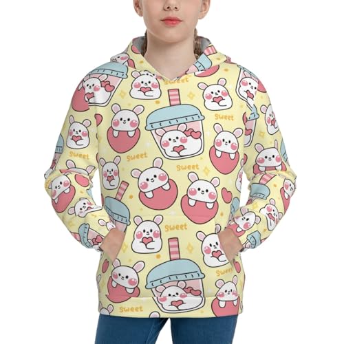 Cute Rabbit and Milk Tea Kid Hoodies Boys Sweatshirts Girls Pullover with Pocket