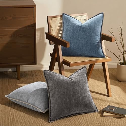 Image of decorUhome Fall Chenille Soft Throw Pillow Covers 24x24 Set of 2, Farmhouse Velvet Neutral Decorative Euro Sham Pillow Covers with Stitched Edge for Couch Sofa Bed Home Decor, Dark Grey