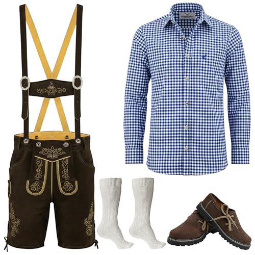 German Wear 5-teiliges Herren Trachtenset Komplett Premium Lederhose aus Nappaleder Wildleder mit Hosenträgern Haferlschuhe Trachtenhemd Blau Trachtensocken Schuhe EU41 - Hose 48 + Hemd M