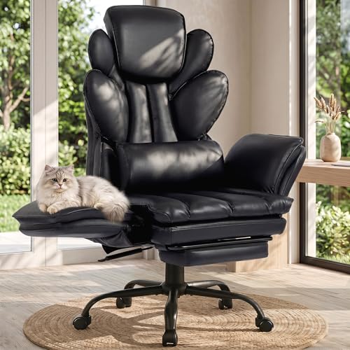 Image of Flip Armrests Criss Cross Office Chair, Reclining Office Chair with Foot Rest, Adjustable Headrest, Massage Waist Pillow, Cross Legged Big and Tall Desk Chair Wide Seat Vanity Chair, PU Leather Black