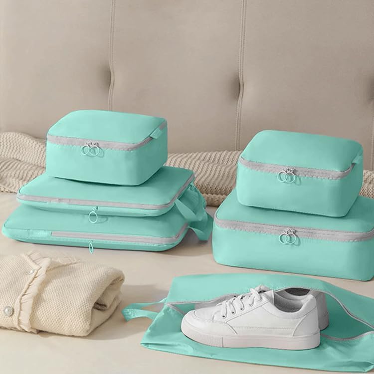 女性用圧縮パッキングキューブ7個/6個/5個、旅行者、飛行機/クルーズ/車/電車への荷物収納ギフト、圧縮可能な拡張可能なセーバースペ