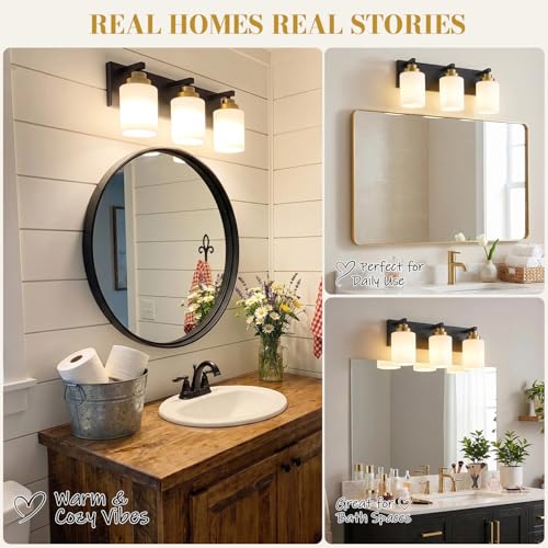 Image of Vanity Lights for Bathroom, 3-Light Black and Gold Bathroom Vanity Light Over Mirror with Milky White Glass Shades, Modern Bathroom Light Fixtures for Living Room Hallway Cabinet (Bulbs Not Included)
