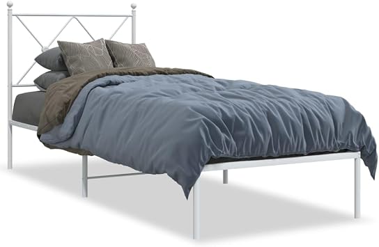 White Single Metal Bed Frame 80x200cm with Headboard, Robust Steel Slatted Base, Under-Bed Storage for Child, Guest or Dorm Room Loft