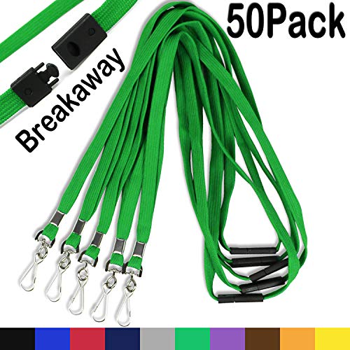 Safety Breakaway Lanyard with J-Hook Flat Lanyards for ID Badges Cruise Lanyard Bulk Preimum Lanyards for Women/Men Business Card NameTag Holder Lanyards Employee Students (Green, Breakaway 50 Pack)
