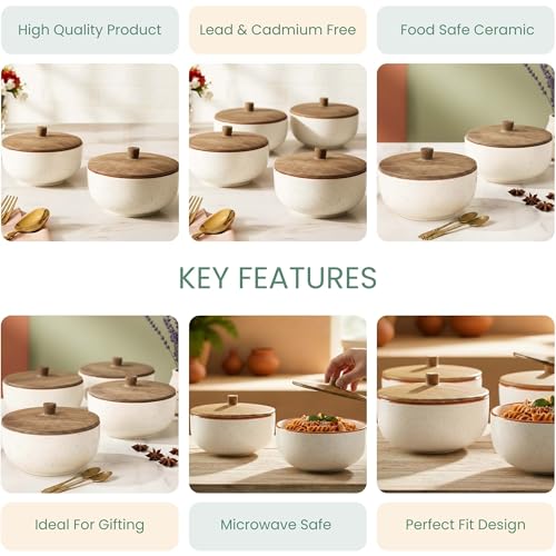 Image of The Earth Store White Marble Ceramic Bowl Set of 4 - 500ML Each with Nob Wooden Lid | Mixing Bowls for Snacks, Rice, Dal, Fruits, Salad Microwave Safe Bowl with Lid Perfect Gifting & Daily Use