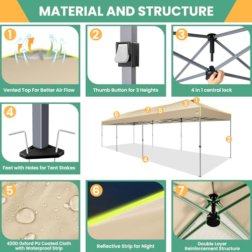 Image of COBIZI 10x30 Pop Up Canopy, Wedding Party Tent Without Sidewall One Push Setup Glow, 3 Adjustable Height Air Vent Waterproof UPF50+, Wheeled Bag, 4 Sandbag, 8 Stake, Ropes for Commercial, Outdoor