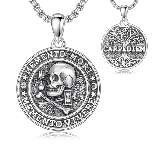 PROESS Memento Mori Chaîne en argent sterling 925 avec pendentif tête de mort et sablier Memento Mori Bijoux Cadeaux pour hommes et femmes, geeignet, Argent...