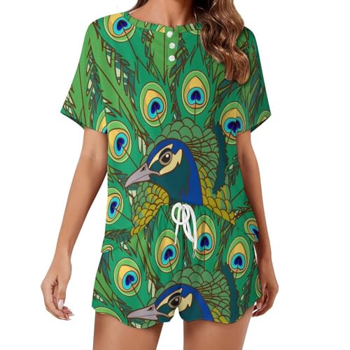 Pyjama femme manches courtes vêtements de nuit été sleepwear vert plume paon