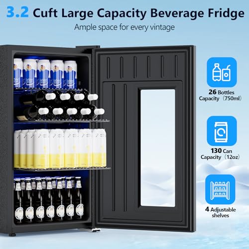 Image of COWSAR 3.2 Cu. Ft. Beverage Refrigerator, 130-Can Beer Cooler with Digital Temperature Control (20F-50F), Glass Door, Adjustable Shelves, LED Lighting, for Home, Office & Bar, Black