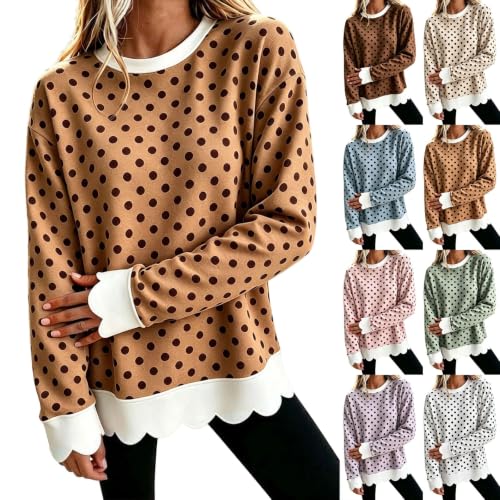 Women'S Casual Polka Dot Sweatshirt Crew Neck Long Sleeve Scalloped Hem Top - image 1