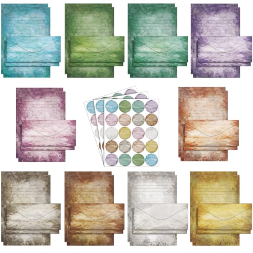 Image of TaoBary 160 Pcs Stationery Paper Set 50 Double Sided Stationery Paper with 50 Matching Envelope and 60 Round Dot Sticker, 10 Design (Vintage Colors,8.5 x 11 Inch)