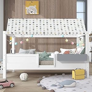 Huisbed, speelbed met stoffen tentopzetstuk, met opbergdoos, 3 combinaties, valbeveiliging, kinderbed, lattenbodem in grenenhout, 90 x 200 cm, zonder matras, wit