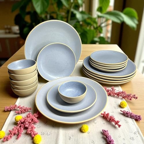 Image of Hand Painted Ceramic Dinnerware Set - 18 Pieces | 6 Dinner Plates, 6 Small Plates, 6 Katori Bowls | Earthy Blue | Microwave & Dishwasher Safe | Perfect for Home & Gifting
