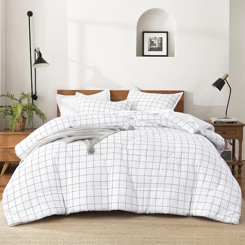 Image of Andency King Size Comforter Set White Gingham, Plaid Grid Checkered Bedding Comforter Set for King Size Bed, 3 Pieces Lightweight Reversible Modern Geometric Bedding Set(104x90 Inch)