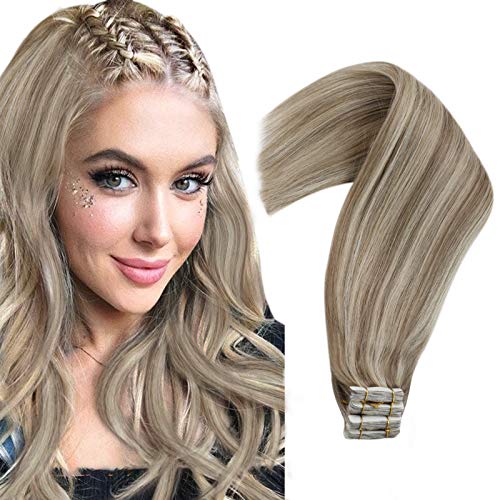 Tape in Extensions Human Hair Blonde Balayage 50g Human Hair Tape in Extensions #14 Dark Golden Blonde Highlight #60 Platinum Blonde Remy Hair Extensions Tape in 24inch 20pcs