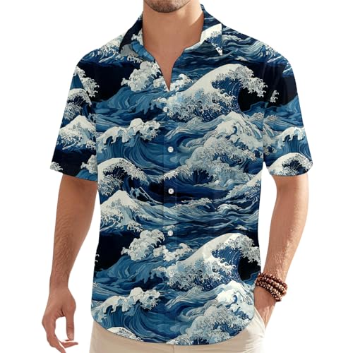 Men's Hawaiian Shirts - Button Down Casual Japanese Wave Printed Shirts | Summer Lapel Tops Clothes Daily Wear