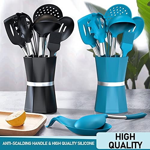 Image of Silicone Cooking Kitchen Utensil Set, Umite Chef 34pcs Heat Resistant Kitchen Utensils with Holder, Kitchen Spatula Set with Wooden Handle, Kitchen Gadget Tools for Nonstick cookware (Blue)