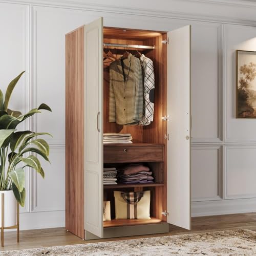 Image of Wakefit Wardrobe for Bedroom | 3 Yr Warranty | Cupboard for Bedroom, Almirah, Wooden Wardrobe, Comes with LED light, Multi-Shelves, Drawer & Hanger, Density:680-750 kg /m, Free Installation(Tyrian-CB)