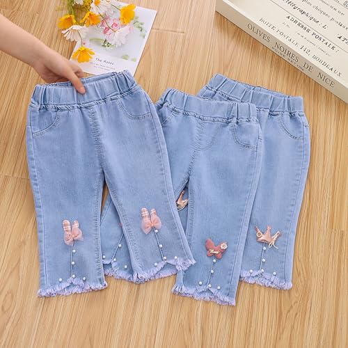 Slit Stretch Bottoms Denim for Kids Children Cute Butterfly Pearl Beaded Jeans Elastic Wasit Trousers Summer Fall3