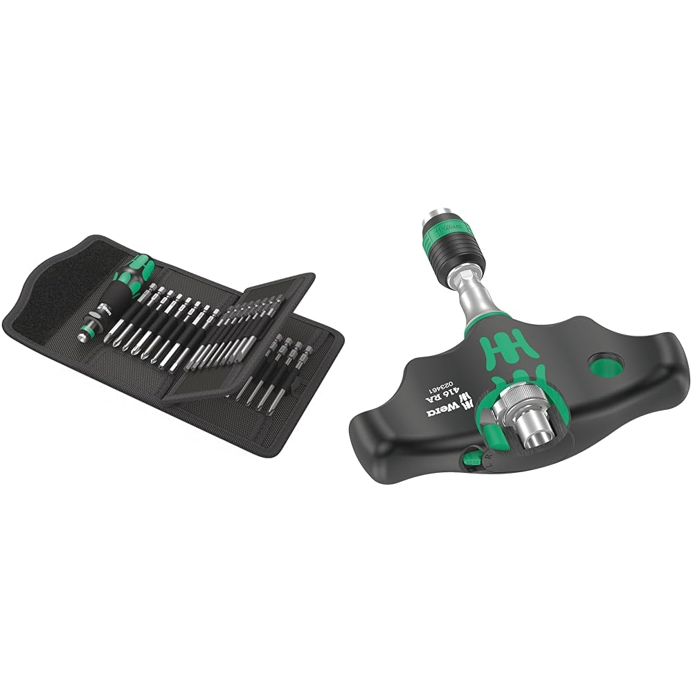 Wera Kraftform Kompakt 62, 33-teilig, 05059297001 & 05023461001 416 RA Quergriff-Bit-Handhalter mit Ratschenfunktion und Rapidaptor Schnellwechselfutter, 1/4", 45 mm, Schwarz-grün