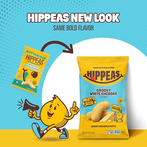 Image of HIPPEAS Chickpea Puffs, Groovy White Cheddar, Gluten Free Snacks, Dairy Free, Vegan, 8oz Bag, 3g Protein, 2g Fiber, Crunchy, Nutritious, Baked Plant Protein Snack, Non-GMO, Kosher