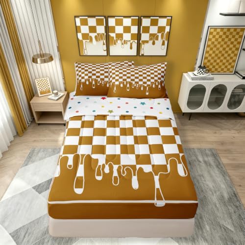 Image of Mustard Orange Checkered Zipper Bedding Full - 4 Piece Zip Up Comforter Set with Fitted Sheet & Pillowcases,Durable Bed-in-a-Bag Set Bedding for Kids,Checkerboard Drip Cool Aesthetic Funky Geometric