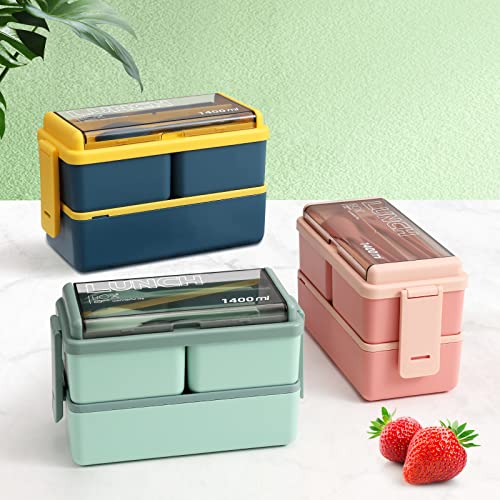 Chzzms 2 Pack Bento Box Adult Lunch Box,49Oz Leakproof Eco-Friendly Stackable Bento Lunch Box Meal Prep For Dining Out, Work, Picnic, School (Green+Blue) #TOP6