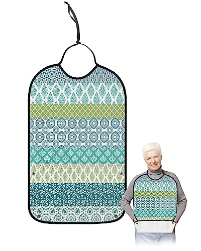 Bohemia Adult Bib for Eating with Crumb Catcher,Washable & Waterproof Terry Cloth Adjustable Elderly Women Men Adult Bibs Funny Apron Clothing Protector Geometric Blue Green Turquoise Stripe Flower