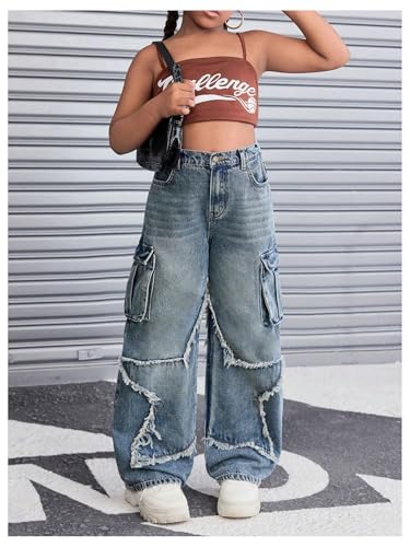 WDIRARA Girl's Y2k Star Pattern Denim Cargo Pants High Waist Jeans with Flap Pockets4