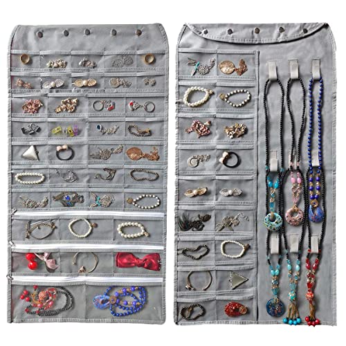 DOUBLE R BAGS Non Woven Dual-Sided Hanging Jewellery Organizer With 56 Pockets & 9 Hook Loops Necklace Holder Jewelries Organizer For Earrings Bracelets Rings (Grey, Pack of 1)