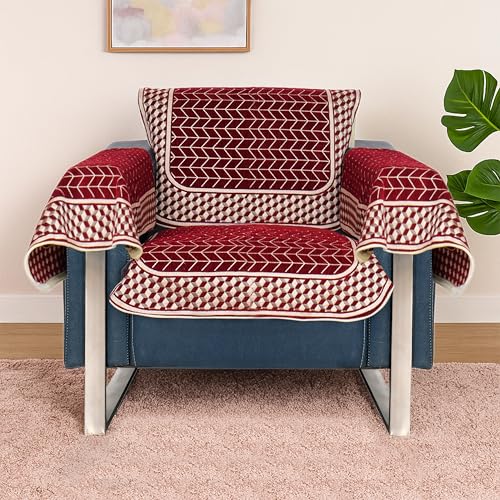 Image of Premium Chenille Woven Anti-Slip 1 Seater Sofa Cover with Arm Rest | L-Shape Sofa Seat Protector for Living Room | Durable & Stylish Slipcover - Maroon - 3D