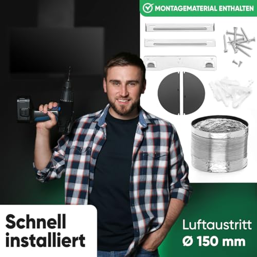 Bomann Dunstabzugshaube 60cm | Abzugshaube für Umluft und Abluft | leise Kopffreihaube 60cm | inkl. Montage-Material und Abluftschlauch | 3 Stufen | Dunstabzugshaube Umluft | DU 7607 G schwarz