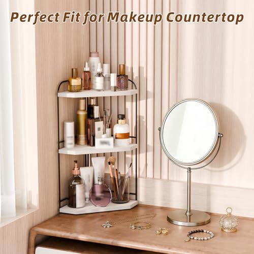 Image of Corner Bathroom Counter Organizer, 3-Tier Wood Countertop Organizer | Skincare Organizers for Vanity, Makeup Storage, Counter Corner Shelf for Kitchen, Bathroom, Dresser, White