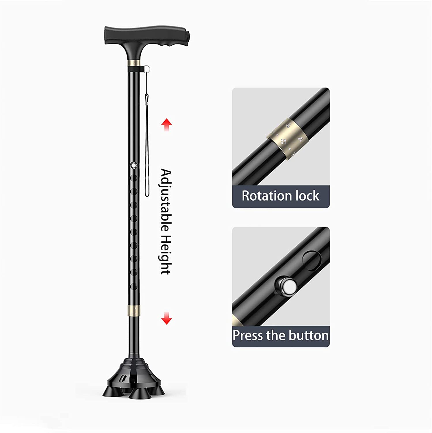Quad Cane, wielofunkcyjne kule teleskopowe do wspinaczki górskiej dla mężczyzn i kobiet, ergonomiczny, antypoślizgowy uchwyt w kształcie litery T ze światłem LED, regulowana wysokość Mobilne n