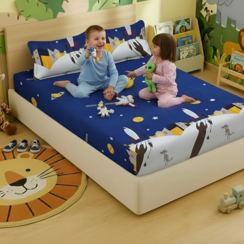 Image of Filymore Double Fitted Bedsheet with 2 Pillow Covers, Space Rocket Printed Bed Sheet for Double Bed, 240 TC Soft Microfiber Elastic Fitted Bedsheet, Mattress Size 72 x 72 Inch, Blue