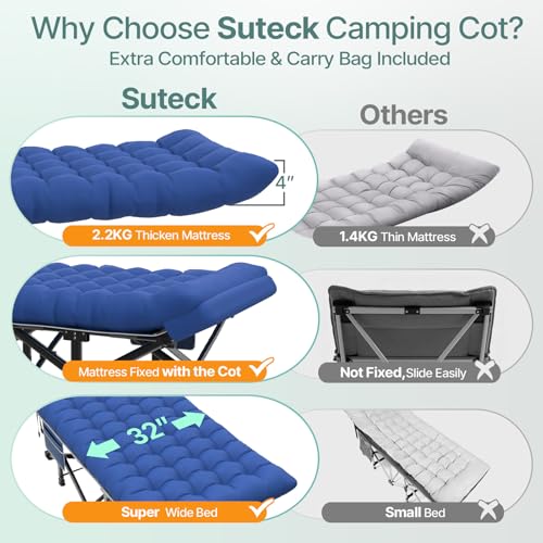 Image of Suteck 32In XXL Folding Camping Cot, 900LBS Heavy Duty Sleeping Cot with Pillow Mattress, 1200D Double-Layer Oxford Portable Cot for Adults with Carry Bag for Home Office Nap Beach Travel