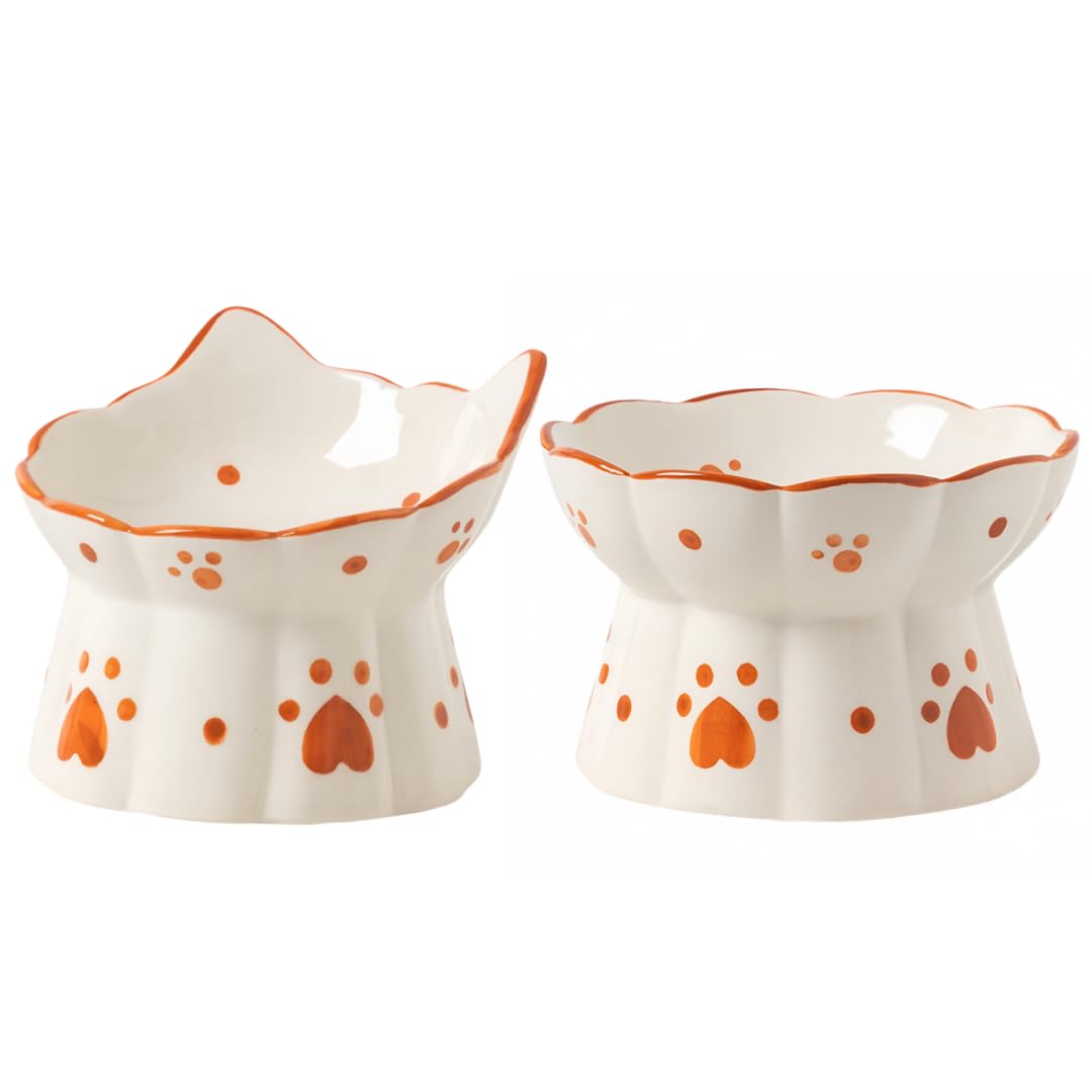MEETOZ Ceramic Cat Feeder, Cat Food Water Bowl Set, Elevated Cats Feeding Bowls with Stand Tilted And Flat mouth Water Bowls, Stress Free for Cats and Small Dogs