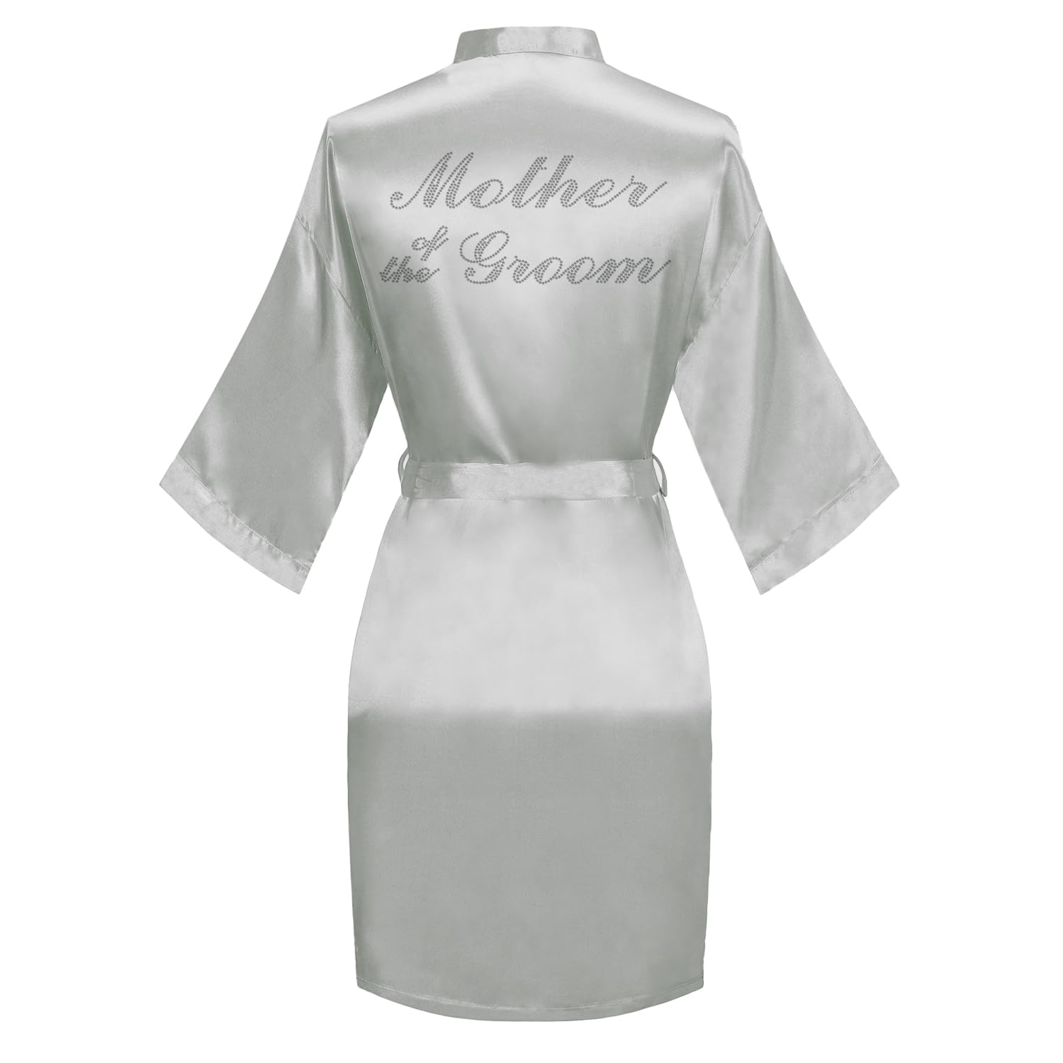 Women's Satin Robe Bride Bridesmaid Short Kimono Robes with Silver Rhinestones for Wedding Party Getting Ready