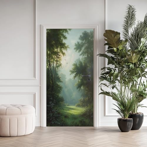 Forêt Poster De Porte Trompe L'oeil, Lumière du Soleil Auto-Adhésif Sticker Mural Porte, pour Chambre Salon Cuisine Oiseau Botanique Stickers Autocollants De Porte...