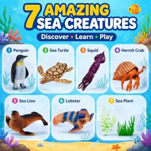 Image of SHAKTISM Ocean World Animal Toy Set for Kids - 6 PCS Realistic Sea Creature Figures, Penguin, Turtle, Seal, Crab, Squid, Shrimp, Plants, Educational Ocean Playset for Boys & Girls