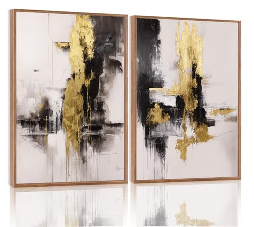 Yolbcdr Framed Wall Art Abstract Canvas Wall Art Set of 2 Black Gold Decor Pictures Modern Print Artwork for Bedroom Living Room Office 16x24 inch Framed