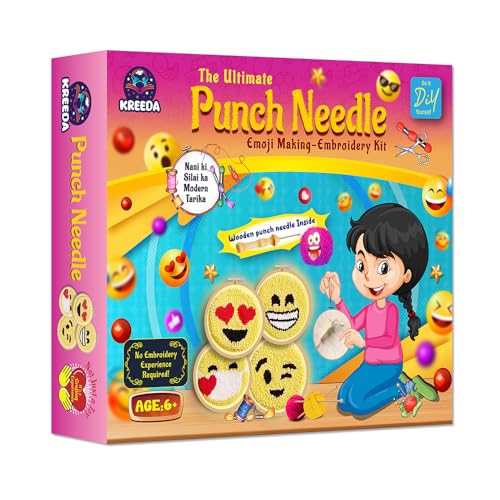 Image of KREEDA Punch Needle Embroidery Kit, DIY Creative Activity, Emoji Embroidery DIY kit, With Wooden Hoop Monk Clothes and Woolen Yarns. Gifts for Girls & Boys Ages 6, 7, 8, 9, 10, 11, 12 (Punch Needle Emoji)