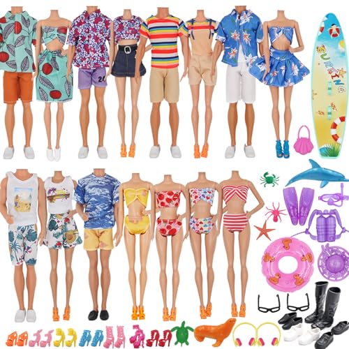 ZTWEDEN 89Pcs Doll Clothes and Accessories for 12 Inch Boy and 11.5 Inch Girl Doll Includes 32 Seaside Wear Clothes Bikini Marine Animal Surfboard Diving Swimming Sets 19 Pairs Shoes for Dolls