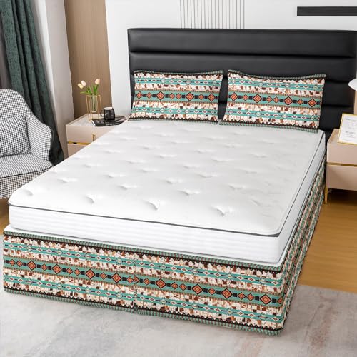 Feelyou Southwestern Boho Design Dust Ruffle Pleated Bedskirt Full,Rustic Western Bedding Set For Boys Kids Teens Room,Vintage Brown Teal Bed Skirt,Native American Pattern Tribal Fitted Sheet,2 Pillowcases