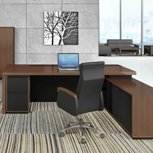 Image of Lakdi The Furniture Co Director & Executive L-Shape Table Luxury Modern Boss Office Desk Made in Particle Board with Side Unit Drawers and Openable Storage & Pedestal - Walnut - LDL-595