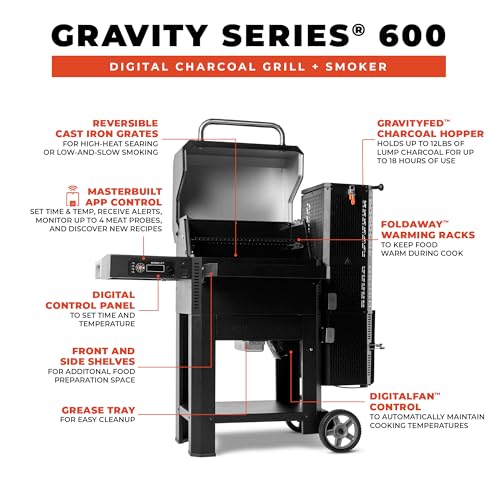 Image of Masterbuilt Gravity Series 600 Smoker Grill - Digital Charcoal Grill,WiFi Technology, GravityFed Charcoal Hopper, 600 Cooking Sq. Inches, Black, Model MB20041023