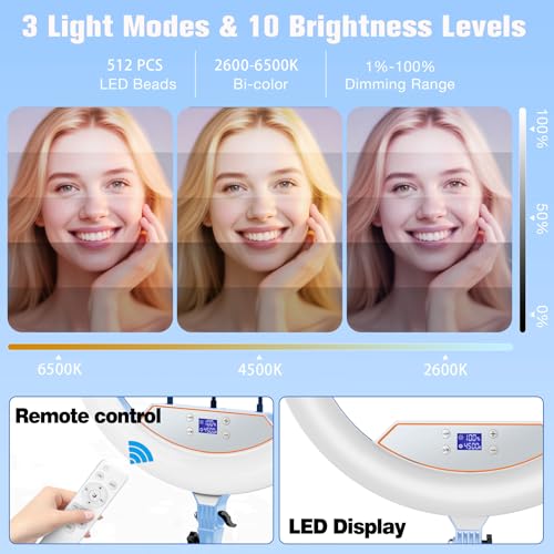 Image of 22 inch LED Ring Light, with 75 inch Tripod /LCD Display /3+1 Phone Clips / 2 USB Ports /Wireless Remote, Adjustable 2600K-6500K Color Temperature, for YouTube Facebook Live TikTok Video Recording Vlog (Blue)