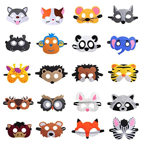HONGP Maschere animali in feltro – 20 pezzi per bambini, cosplay, feste in maschera, safari, compleanni, Natale, giungla, feste a tema