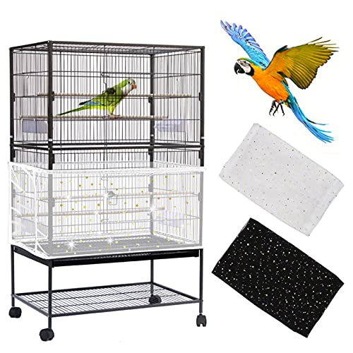 2 Stück Einstellbar Vogelkäfig Abdeckung, Groß Vogelkäfig Samenfänger, Papageien Kordelzug Vogelfutter Kleintiere Netz, Abdeckung Rock Bewachen für Runde Quadratische Käfige(Weiß + Schwarz) Cover