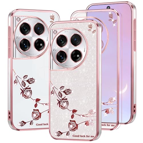 Coque OnePlus 12 silicone transparent pailleté rose motif floral esthétique fin